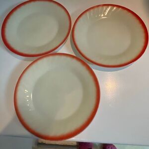 Lot of 3 Fire King Sunrise Swirl 9” dinner plates.
